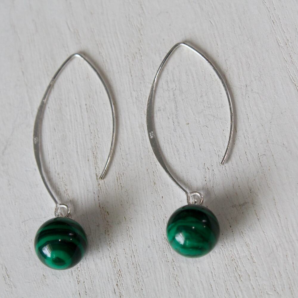 Handmade Sterling Silver 925 & Malachite Round Bead Dangle Earrings NWOT